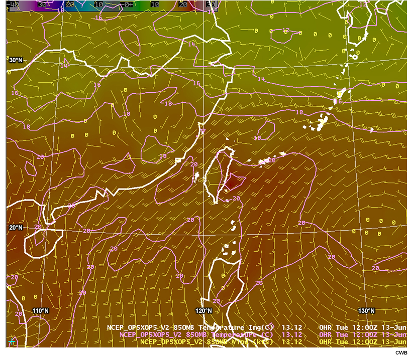 Loop of model forecast for 850 hPa temperature (C) and wind (kts).