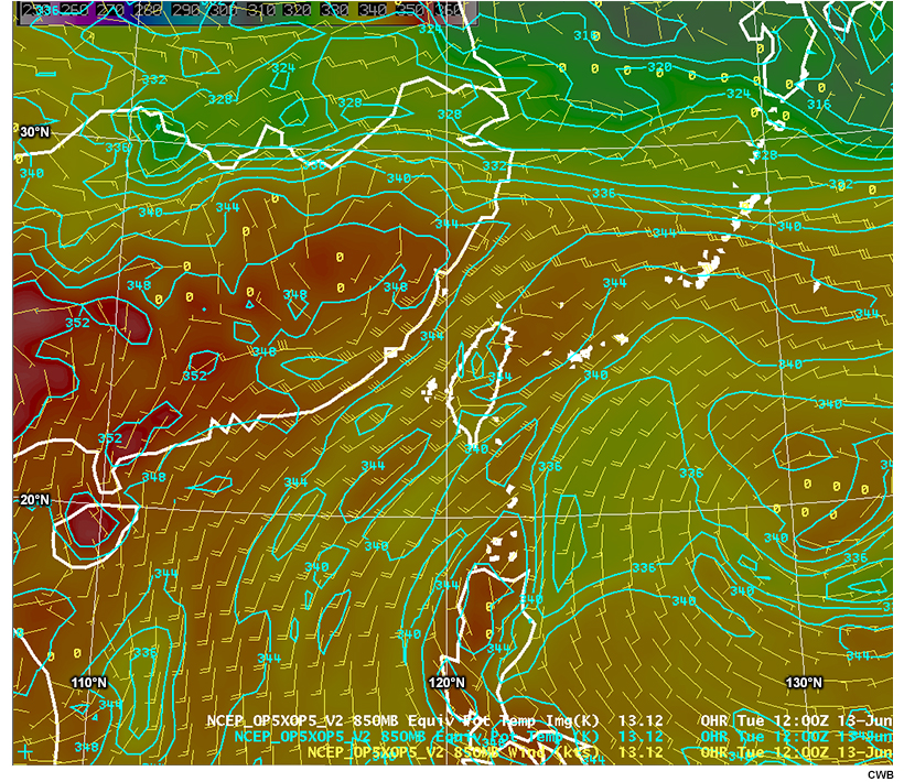 Loop of model forecast for 850 hPa equivalent potential temperature (K) and wind (kts).