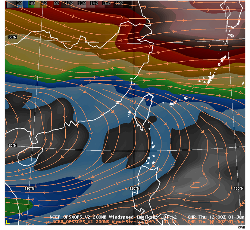 Loop of model forecast for 200 hPa wind (kts) and streamlines (kts) for quiz.