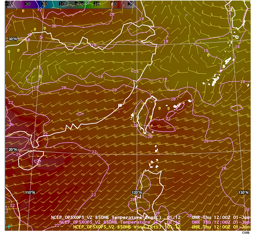 Loop of model forecast for 850 hPa temperature (C) and wind (kts) for quiz.