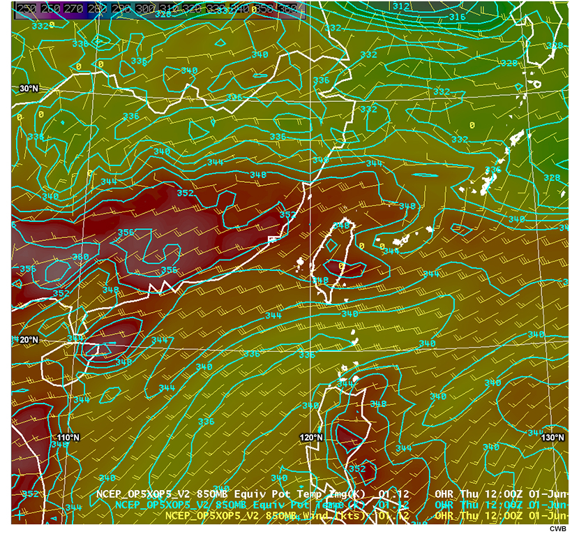 Loop of model forecast for 850 hPa equivalent potential temperature (K) and wind (kts) for quiz.