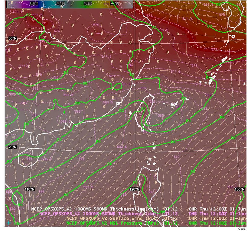 Loop of model forecast for surface wind (kts), 850 hPa temperature (C), mean sea level pressure (hPa), and 1000-500 hPa thickness (dam) for quiz.