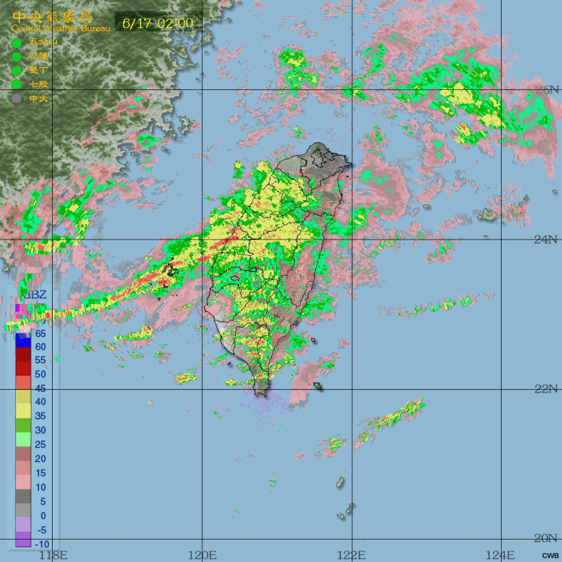 Radar reflectivity loop of a Type-1+2 Mei-Yu case from 02 UTC June 17 to 08 UTC June 17 for quiz.