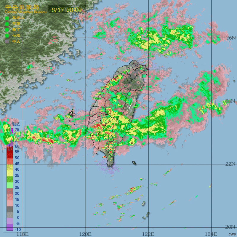Radar reflectivity loop of a Type-2 Mei-Yu case from 08 UTC June 17 to 14 UTC June 17 for quiz.