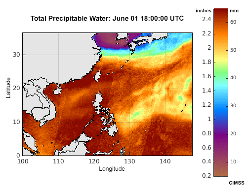 Total precipitable water loop during a Type-1+2 Mei-Yu case from 18 UTC June 1 to 00 UTC June 2, 2017.