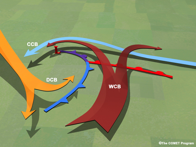 Conceptual model of conveyor belts associated with a mid-latitude cyclone.