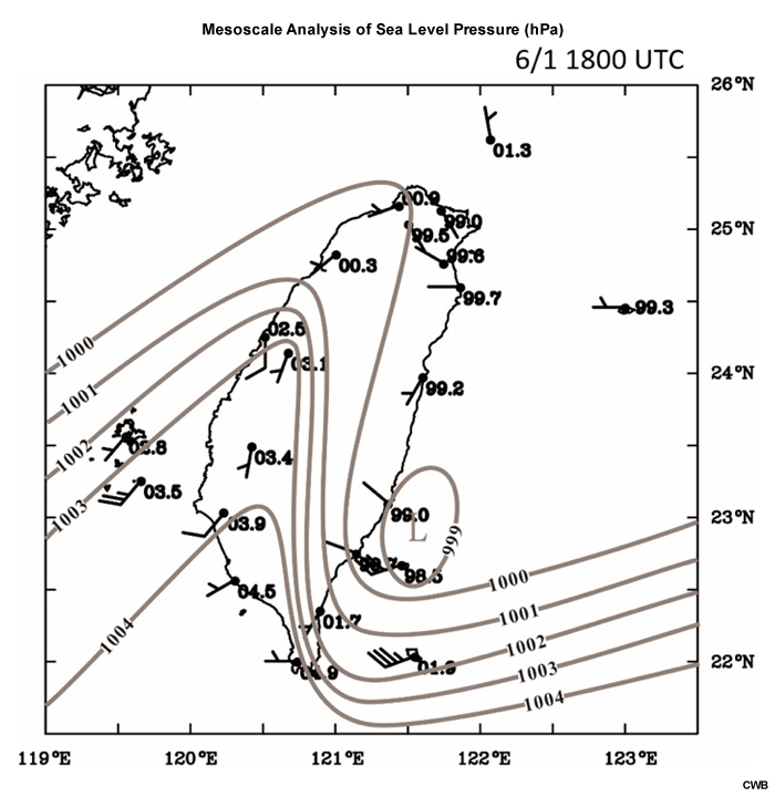A surface analysis valid at 1800 UTC June 1.