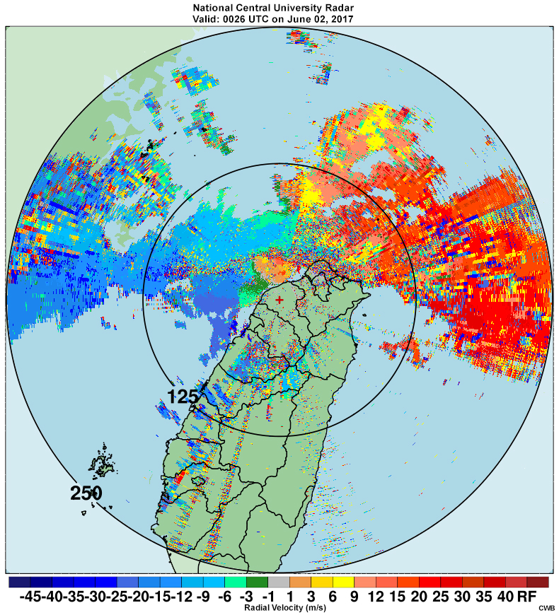 Radial velocities (0.5 degree) across the North Area of Taiwan from the National Central University (CU) radar at 0026 UTC June 2.