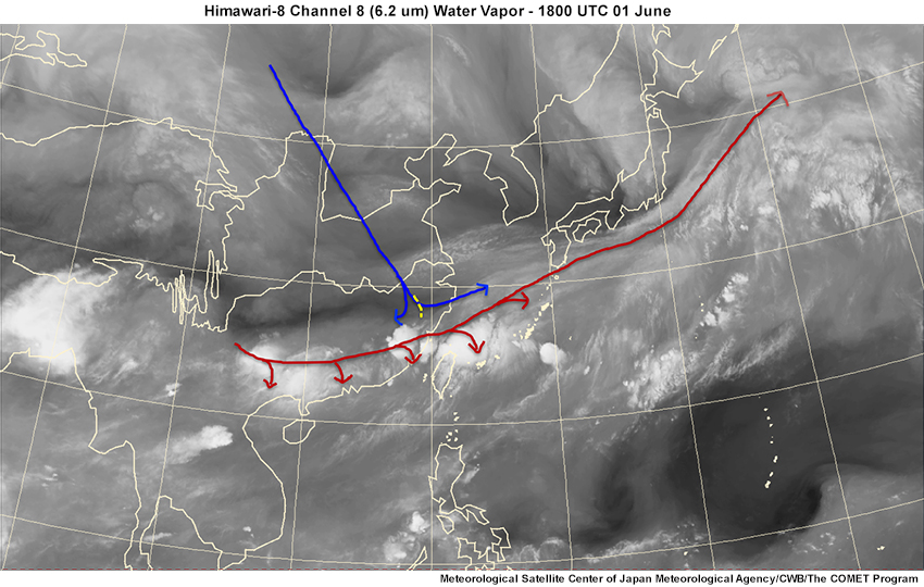 A water vapor satellite image valid at 18 UTC June 1 with trough, DCB and WCB annotations.