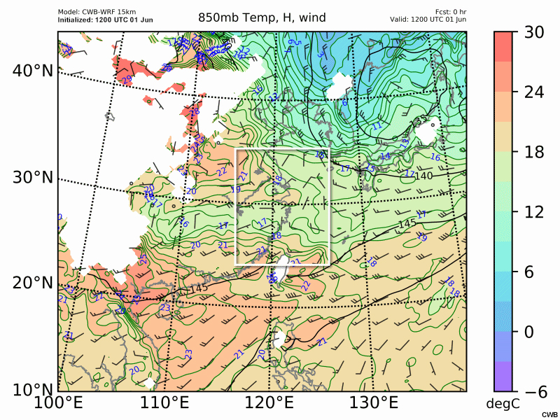 850 hPa temperature (℃, shaded), geopotential height (gpm, contour) and wind barbs (kts) from 12 UTC June 1 to 00 UTC June 2.