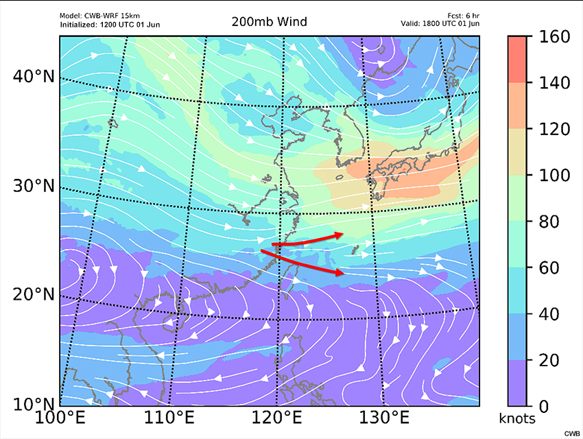 CWB-WRF model forecast of 200 hPa wind speed (kts, shaded) and streamlines valid at 18 UTC June 1 and 00 UTC June 2.