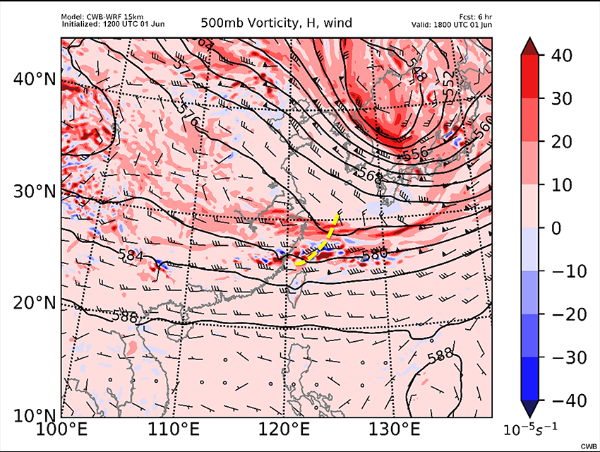 CWB-WRF model forecast of 500 hPa heights (gpm, contour), wind barbs (a full barb is 10 kts) and vorticity (10^-5s^-1, shaded) valid at 18 UTC June 1 and 00 UTC June 2.