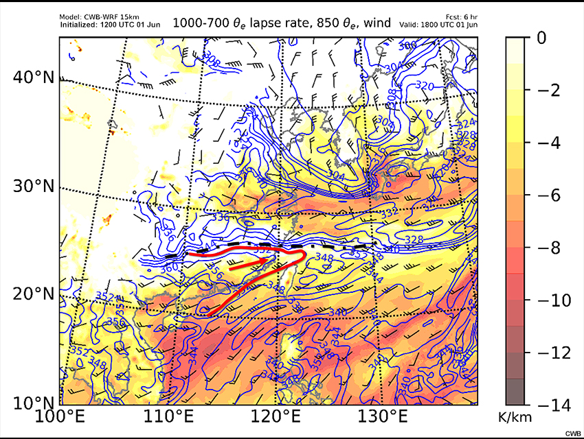 CWB-WRF model forecast of 1000-700 hPa theta-e lapse rate (shaded), 850 hPa wind barbs (a full barb is 10 kts) and theta-e (K, contour) valid at 18 UTC June 1 and 00 UTC June 2.