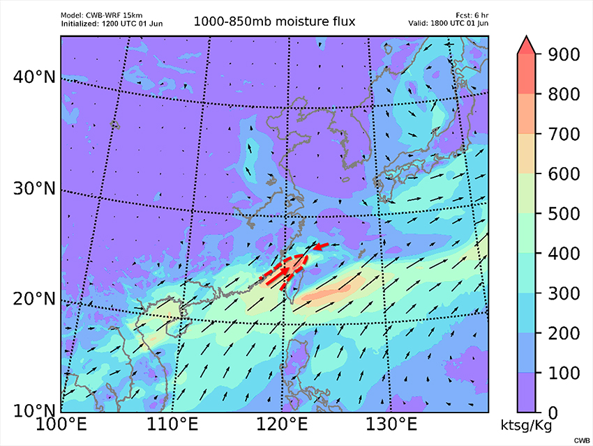 CWB-WRF model forecast of 1000-850 hPa moisture flux and moisture flux vectors (kts*g/Kg, shaded and arrows) valid at 18 UTC June 1 and 00 UTC June 2.