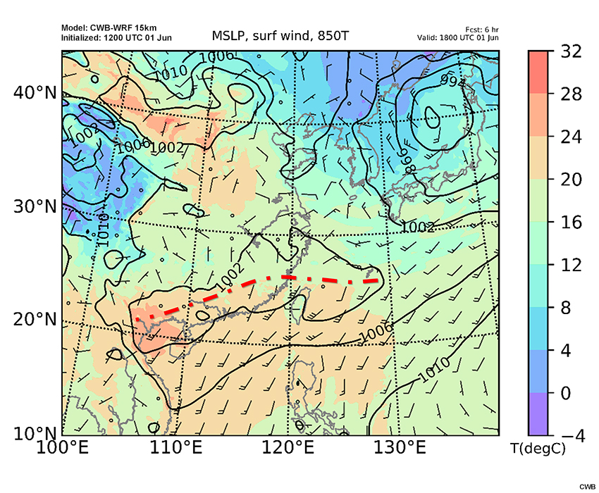 CWB-WRF model forecast of mean sea level pressure (hPa, contour), surface wind barbs (a full barb is 10 kts) and 850 hPa temperature (℃, shaded) valid at 18 UTC June 1 and 00 UTC June 2.