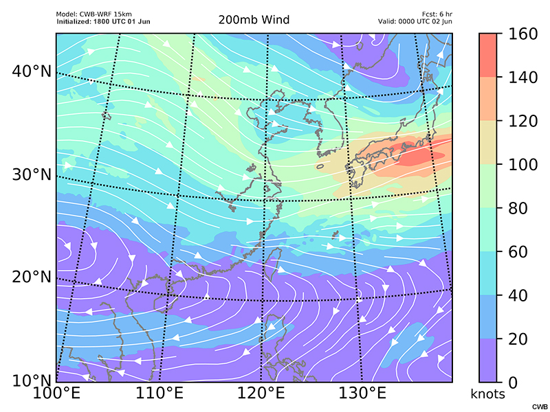CWB-WRF model forecast of 200 hPa wind speed (kts, shaded) and streamlines valid at 00 UTC June 2 and 06 UTC June 2.