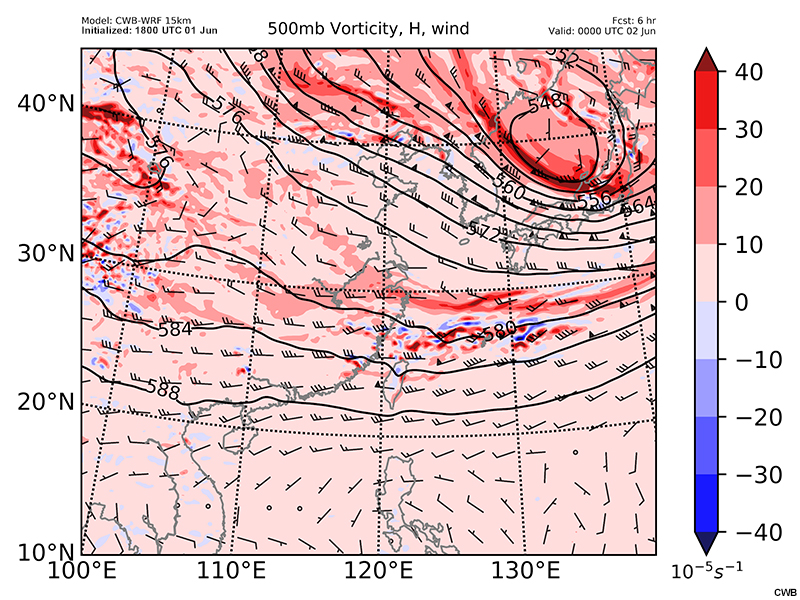 CWB-WRF model forecast of 500 hPa heights (gpm, contour), wind barbs (kts) and vorticity (10^-5s^-1, shaded) valid at 00 UTC June 2 and 06 UTC June 2.