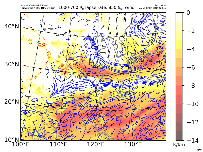 CWB-WRF model forecast of 1000-700 hPa theta-e lapse rate (shaded), 850 hPa wind barbs (kts) and theta-e (K, contour) valid at 00 UTC June 2 and 06 UTC June 2.