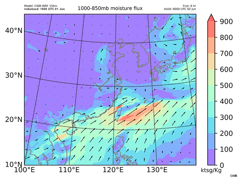CWB-WRF model forecast of 1000-850 hPa moisture flux and moisture flux vectors (kts*g/Kg, shaded and arrows) valid at 00 UTC June 2 and 06 UTC June 2.