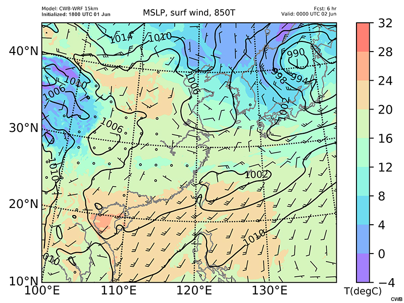 CWB-WRF model forecast of mean sea level pressure (hPa, contour), surface wind barbs (kts) and 850 hPa temperature (℃, shaded) valid at 00 UTC June 2 and 06 UTC June 2.
