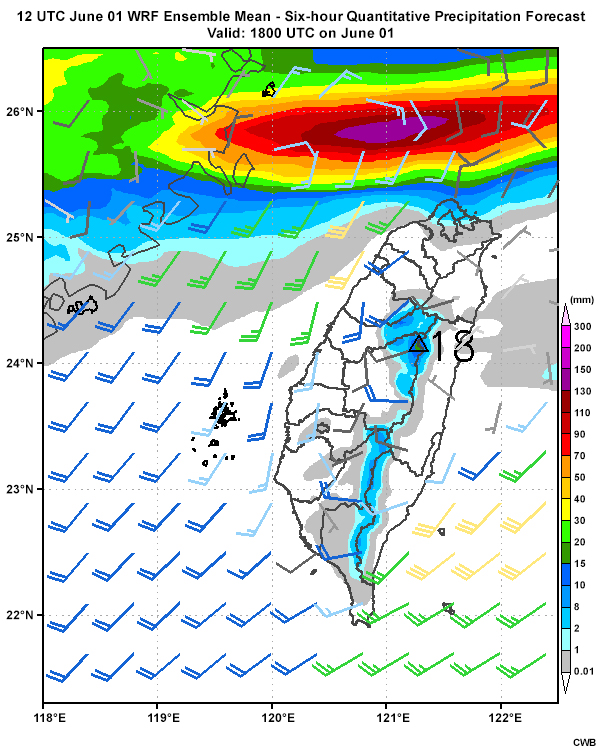 Six-hourly quantitative precipitation forecasts from the WRF Ensemble mean (initialized 12 UTC June 1) from 12 UTC June 1 through 00 UTC June 3.