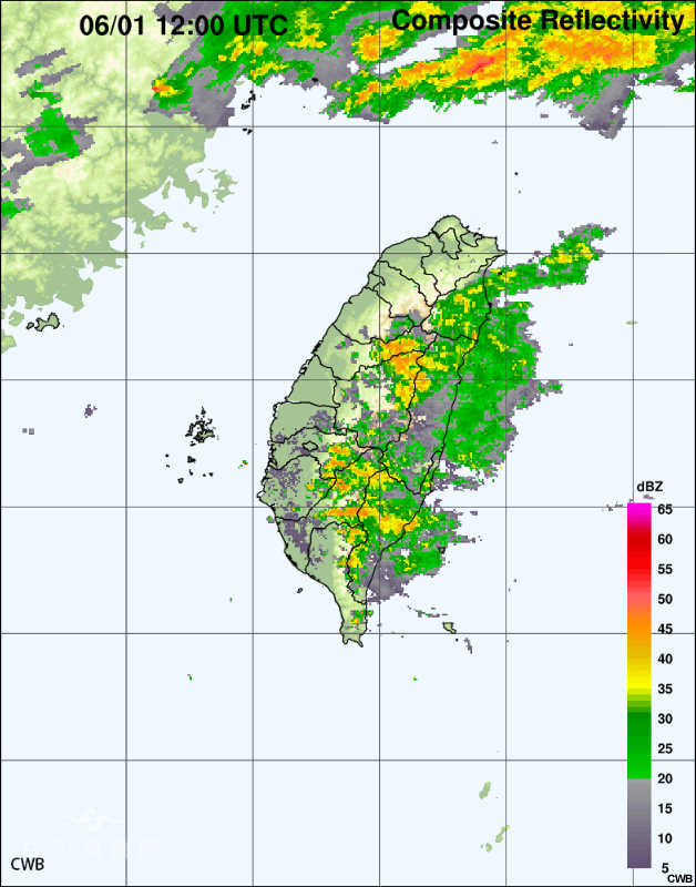 Radar reflectivity loop (every 10 minutes) from 12 UTC to 18 UTC June 1.