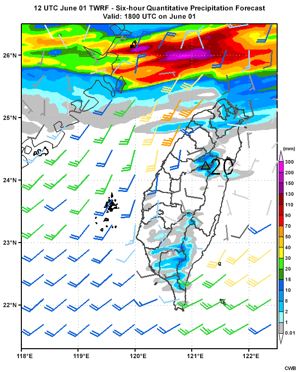 Six-hourly quantitative precipitation forecasts from the TWRF model (initialized 12 UTC June 1) from 12 UTC June 1 through 00 UTC June 3.