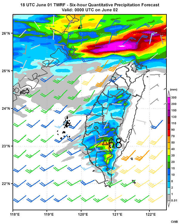 Six-hourly quantitative precipitation forecasts from the TWRF model (initialized 18 UTC June 1) from 18 UTC June 1 through 06 UTC June 3.