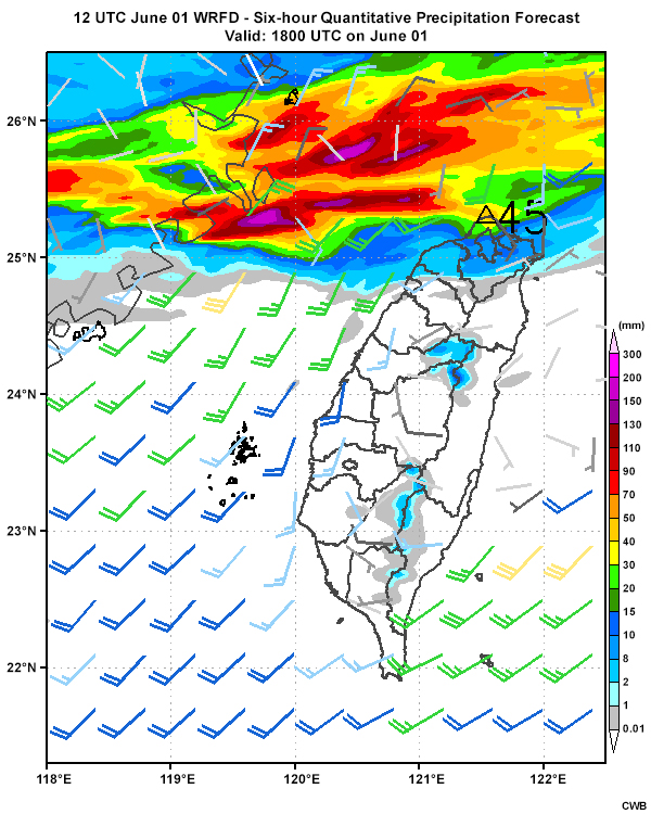 Six-hourly quantitative precipitation forecasts from the WRFD model (initialized 12 UTC June 1) from 12 UTC June 1 through 00 UTC June 3.