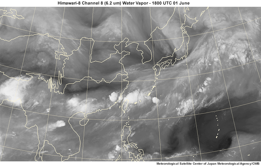 A water vapor satellite loop from 18 UTC June 1 to 00 UTC on June 2.