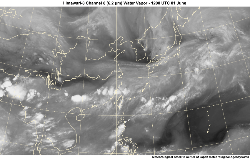 A water vapor satellite loop from 12 UTC to 18 UTC June 1.