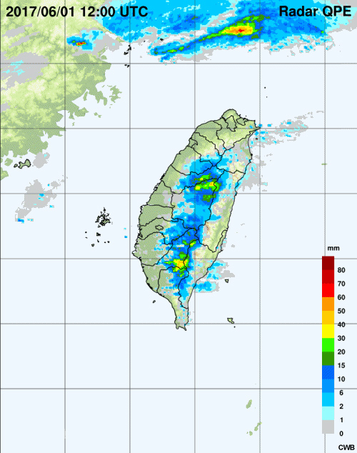 Radar-based 1-hour accumulated quantitative precipitation estimates (every 10 minutes) from 12 UTC June 1 to 00 UTC June 2.