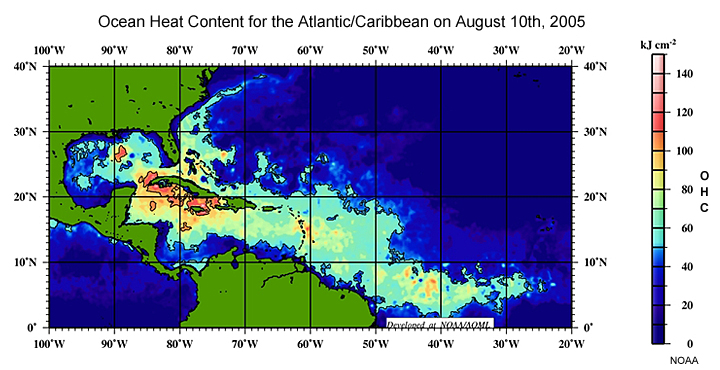 Ocean heat content for Atlantic/Caribbean on August 10, 2005