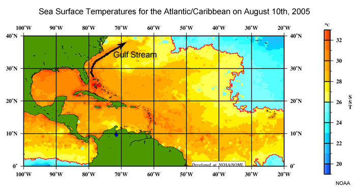 Sea surface temperatures for the Atlantic/Caribbean on August 10, 2005