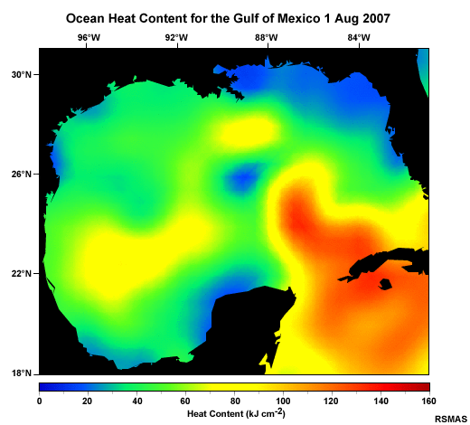 Ocean heat content in Gulf of Mexico August 2007