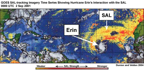 GOES SAL-tracking imagery time series showing Hurricane Erin?s interaction with the SAL at (top to bottom) 0000 UTC 2 Sep 2001, 0000 UTC 4 Sep 2001, 1800 UTC 5 Sep 2001, 1200 UTC 8 Sep 2001, and 1800 UTC 9 Sep 2001. The yellow?red shading indicates likely SAL regions with increasing amounts of dust content and dry lower-tropospheric air, as detected by the GOES imagery.
