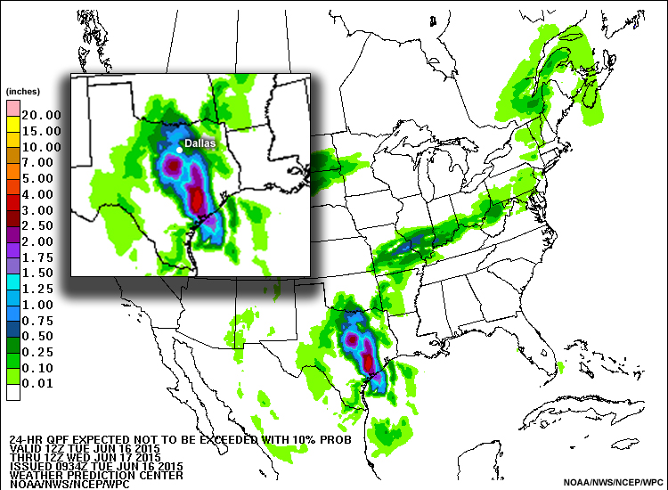 24h quantitative precipitation forecast expected not to be exceeded with 10% probability, valid from 12 Z June 16 through 12 Z June 17, 2015.