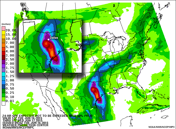 24h quantitative precipitation forecast expected not to be exceeded with 50% probability, valid from 12 Z June 16 through 12 Z June 17, 2015.