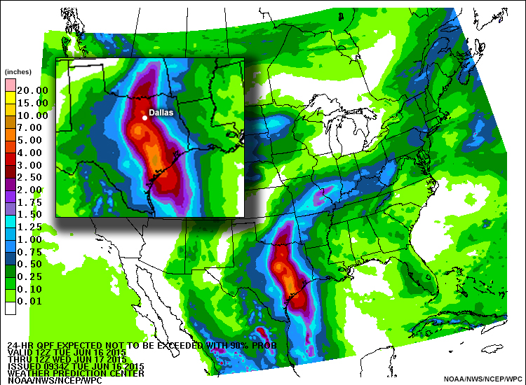 24h quantitative precipitation forecast expected not to be exceeded with 90% probability, valid from 12 Z June 16 through 12 Z June 17, 2015.