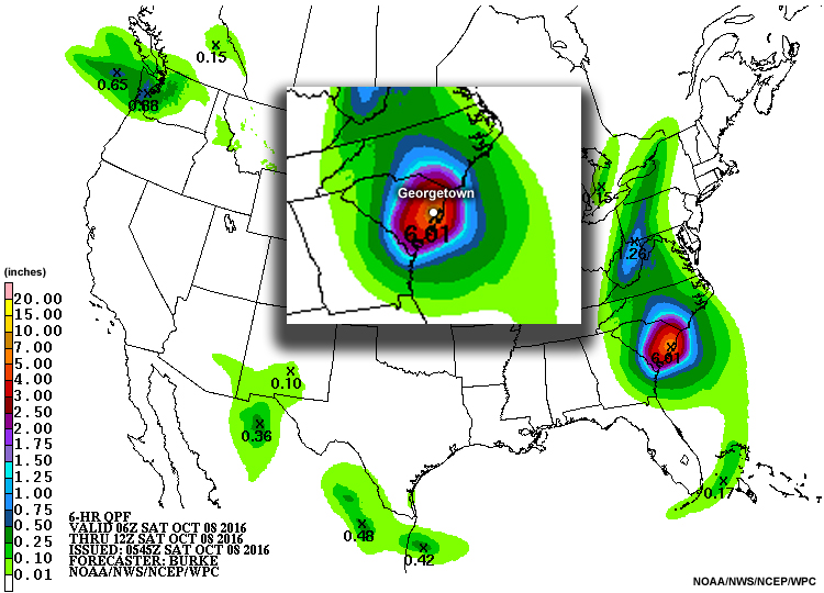 6h quantitative precipitation forecast, valid from 06 Z October 8 through 12 Z October 8, 2016.