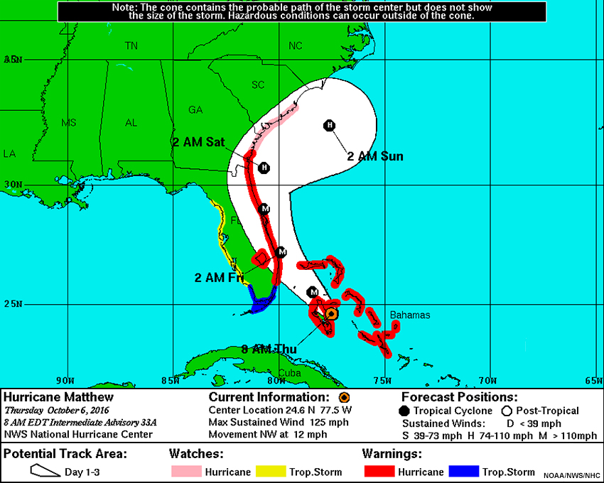 Cone of uncertainty for Hurricane Matthew valid at 8 am EDT on Thursday, October 6, 2016.