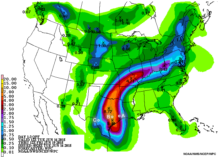 Day 1-3 quantitative precipitation forecast, valid from 12 Z June 16 through 12 Z June 19, 2015 during Tropical Storm Bill.