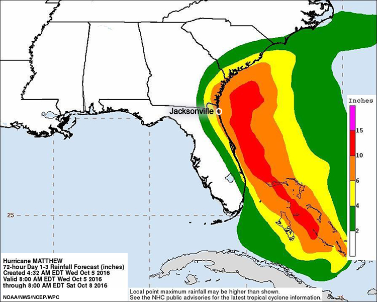 Day 1-3 rainfall forecast, valid from 8 am EDT October 5 through 8 am EDT October 8, 2016.