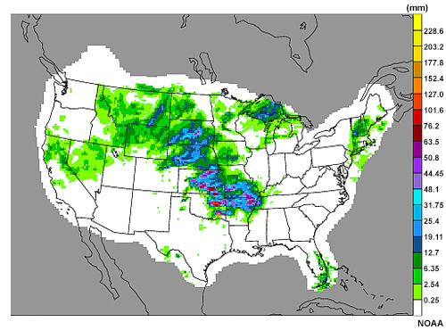 Observed precipitation for the 24h period from 12 Z May 24 through 12 Z May 25, 2016.