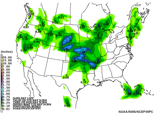 Day 1 quantitative precipitation forecast, valid from 12 Z May 24 through 12 Z May 25, 2016.
