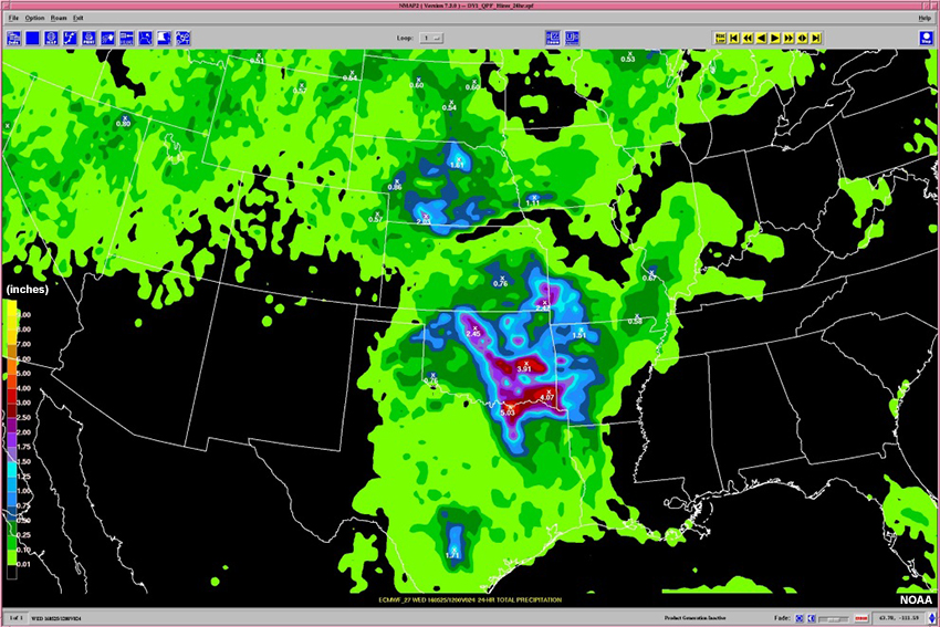 ECMWF precipitation forecast for the 24h period from 12 Z May 24 through 12 Z May 25, 2016.