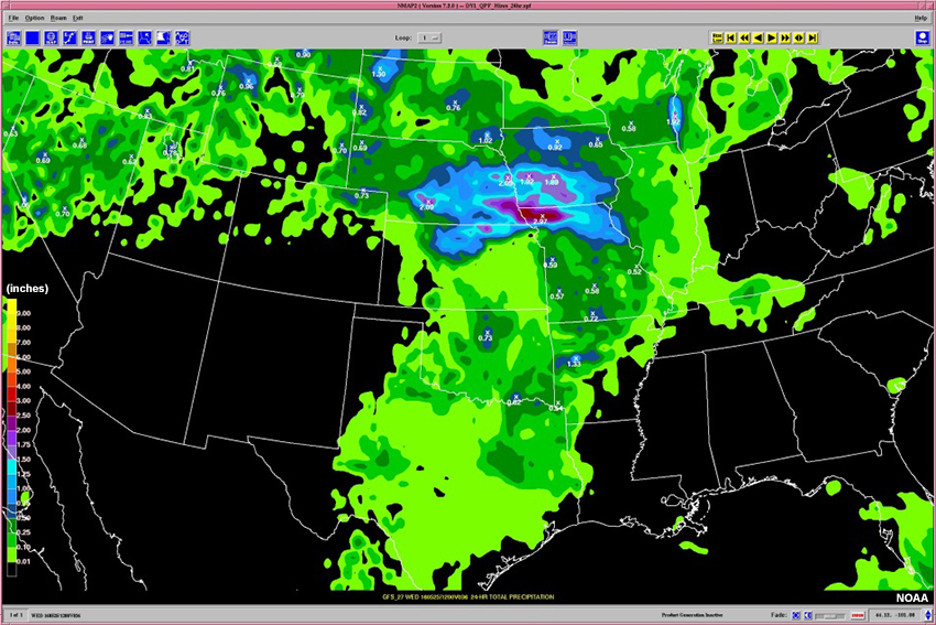 GFS precipitation forecast for the 24h period from 12 Z May 24 through 12 Z May 25, 2016.