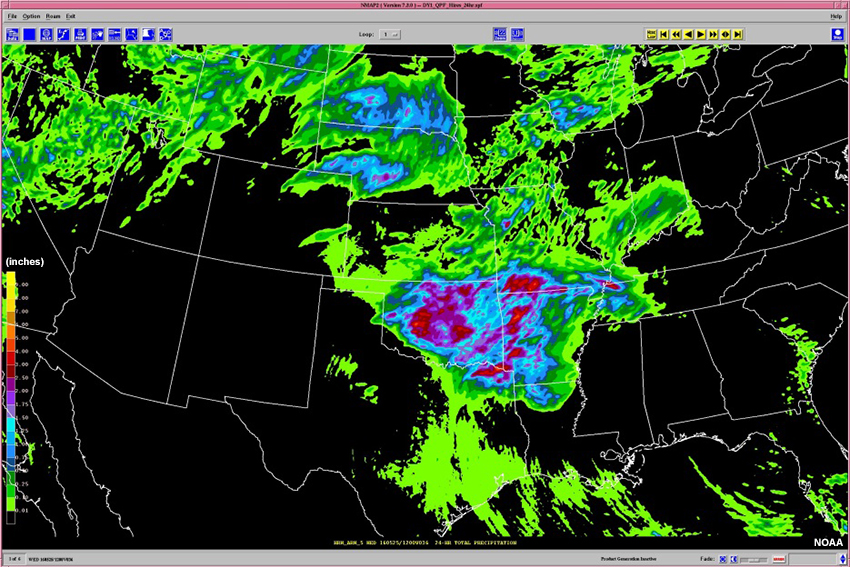 WRF precipitation forecast for the 24h period from 12 Z May 24 through 12 Z May 25, 2016.
