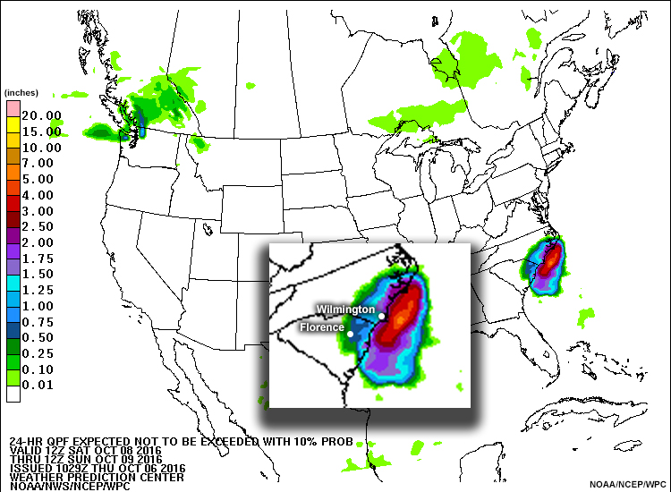 24-h quantitative precipitation forecast expected not to be exceeded with 10% probability, valid from 12 Z October 8 through 12 Z October 9, 2016.