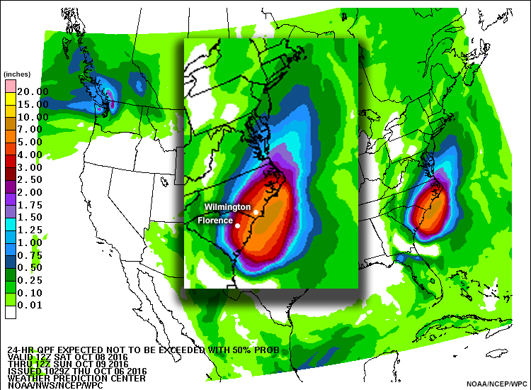 24-h quantitative precipitation forecast expected not to be exceeded with 50% probability, valid from 12 Z October 8 through 12 Z October 9, 2016.